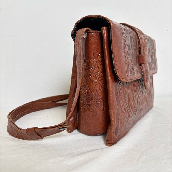 Vintage Handmade Mexico Tooled Leather Floral Boho Bag Purse Butterflies Rose - Picture 6 of 16